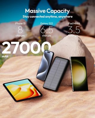 Chargeur solaire portable USB C 27000mAh pour téléphone portable et tablette
